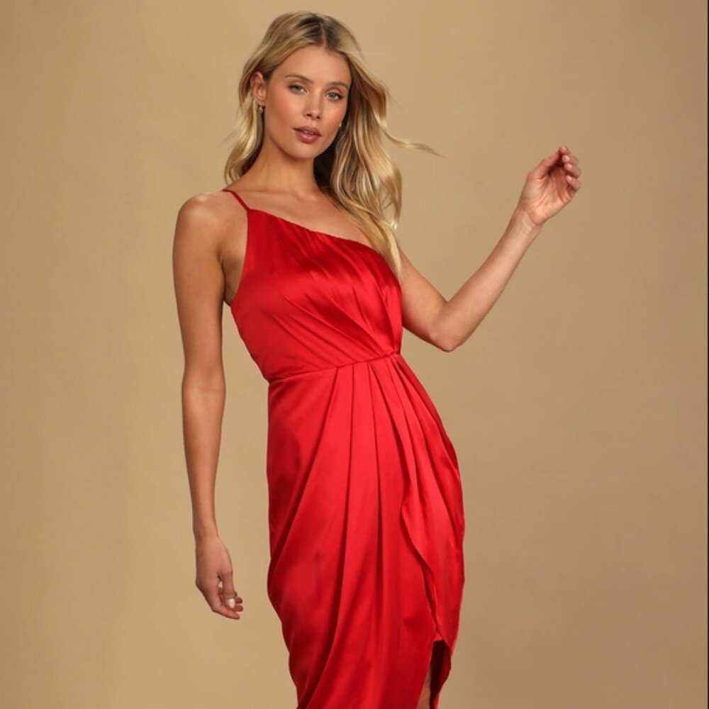 Red One Shoulder Cocktail Midi Dress from Lulu's